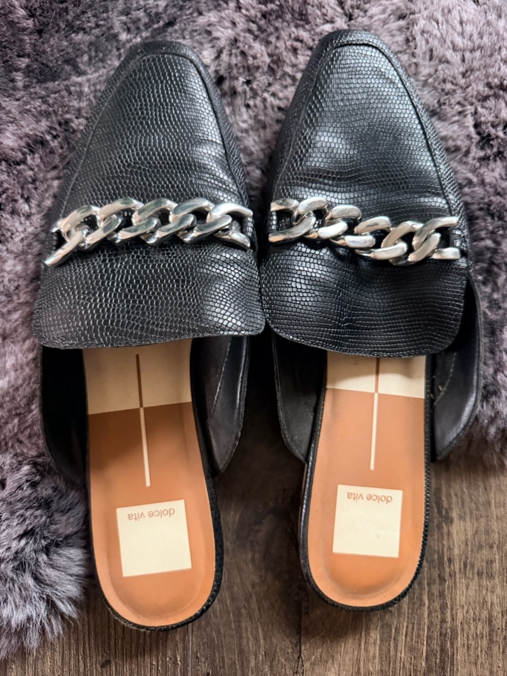 Dolce Vita Black Textured Mule Loafers with Silver Chain